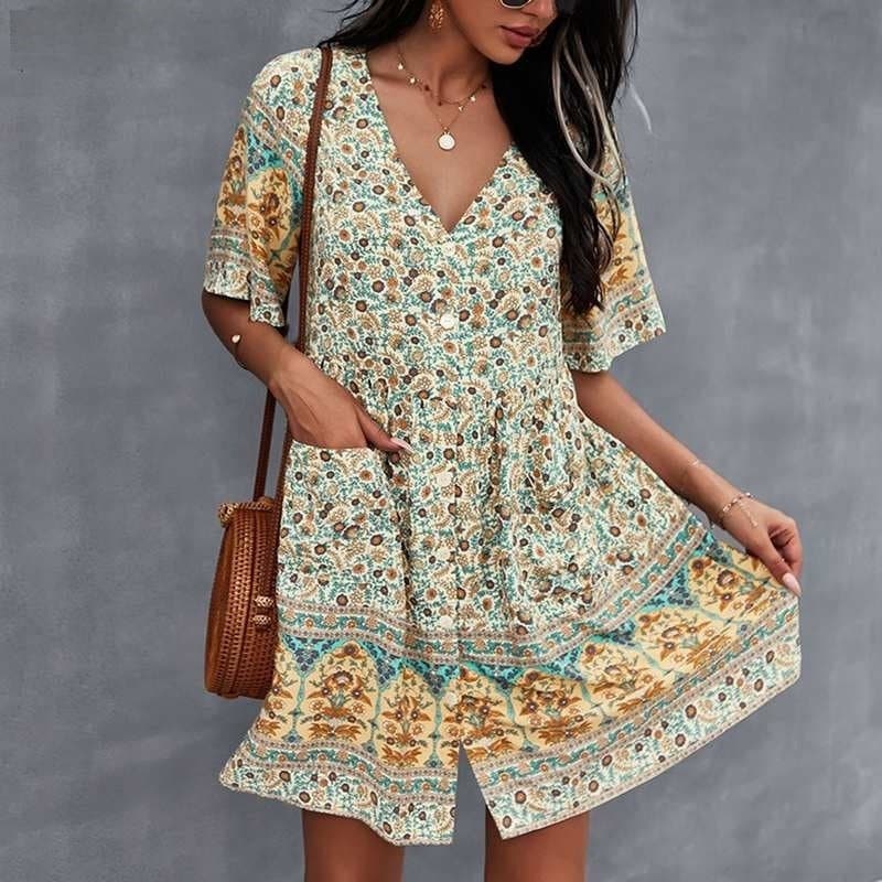 Damekjole – Bohemsk Stil – V-hals – Knelang – Halvlange Ermer – Knapper – Blomsterprint