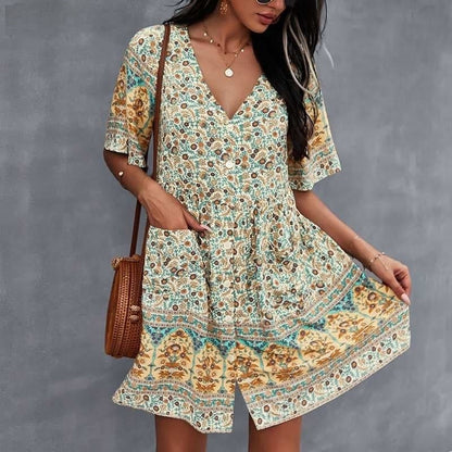 Damekjole – Bohemsk Stil – V-hals – Knelang – Halvlange Ermer – Knapper – Blomsterprint