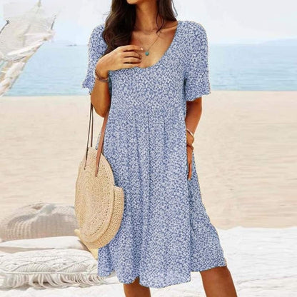 Women's Dress - Midi Length - A-line Fit - Deep V-neck - Short Summery Sleeves
