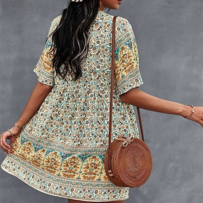 Damekjole – Bohemsk Stil – V-hals – Knelang – Halvlange Ermer – Knapper – Blomsterprint