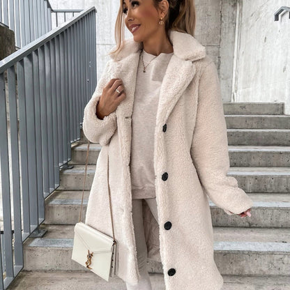 Women's Coat Full Length – Oversized Fit – Sherpa Texture – Button Closure