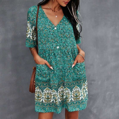 Damekjole – Bohemsk Stil – V-hals – Knelang – Halvlange Ermer – Knapper – Blomsterprint