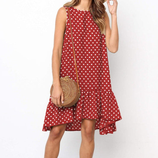 Women's Dress - Sleeveless With Polka Dot Pattern - Loose Fit - Asymmetric Ruffle Hem