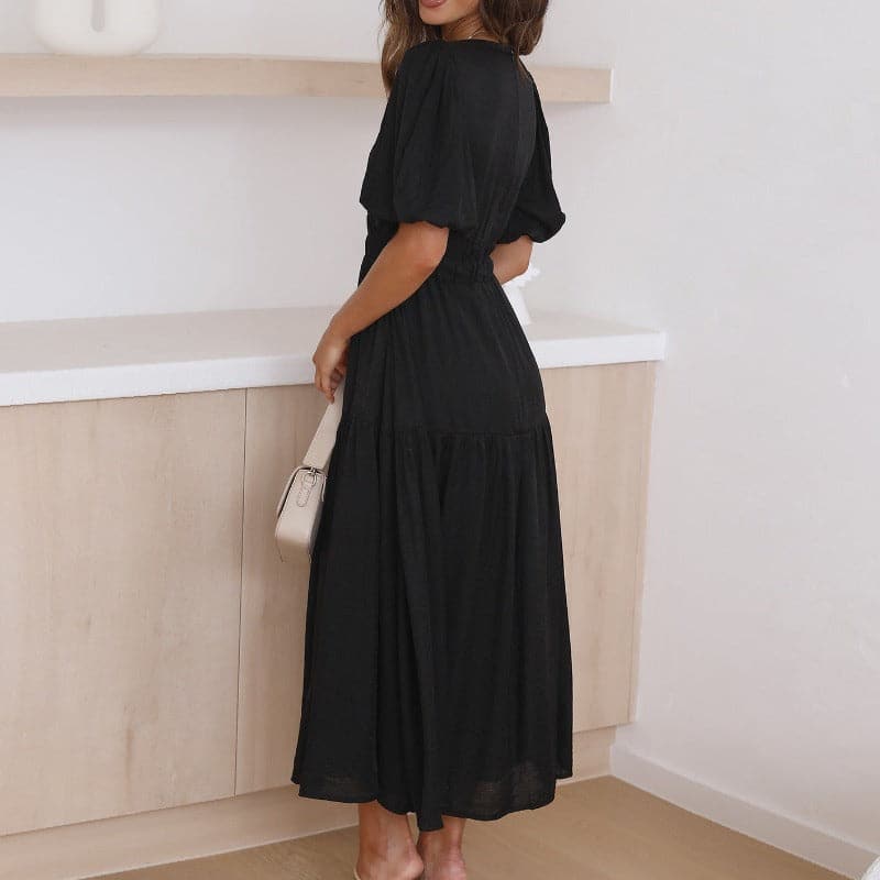 Dress for Women - Deep V-neck - Puff Sleeves - Midi Length - Elegant Flowy Fit