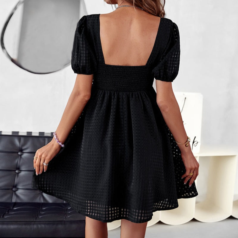 Dress for Women – A-line Fit – Square Neckline – Puff Sleeves – Textured Pattern
