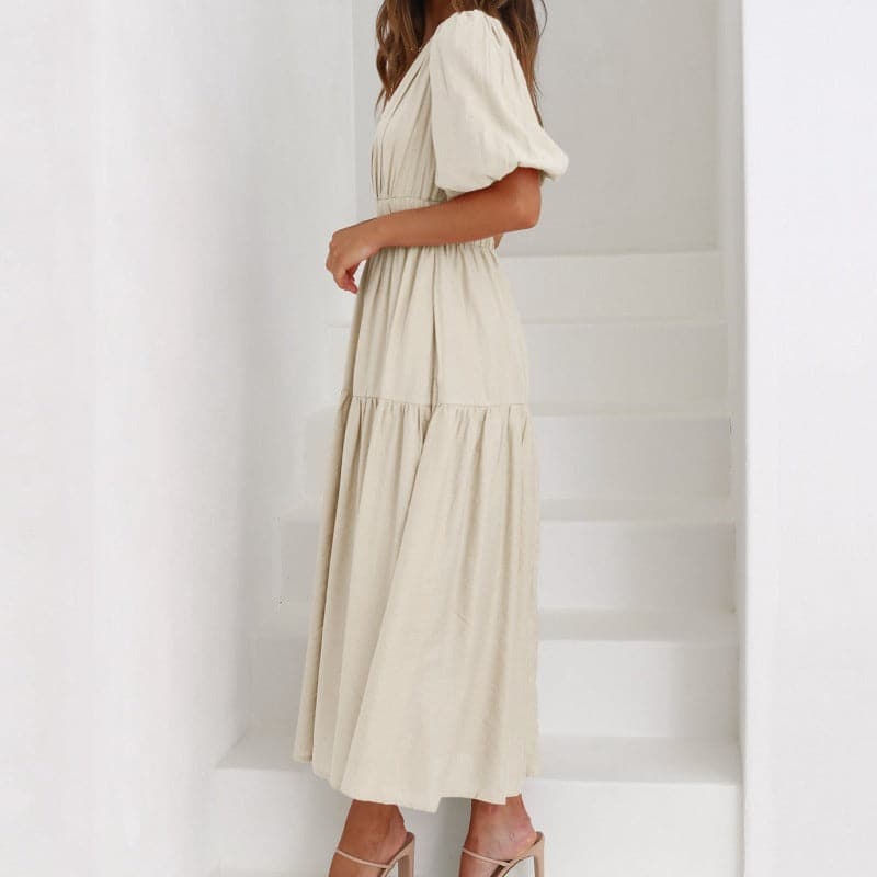 Dress for Women - Deep V-neck - Puff Sleeves - Midi Length - Elegant Flowy Fit