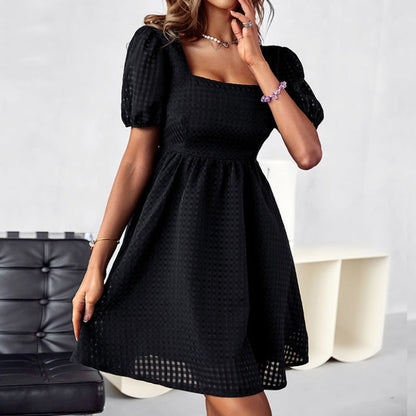 Dress for Women – A-line Fit – Square Neckline – Puff Sleeves – Textured Pattern