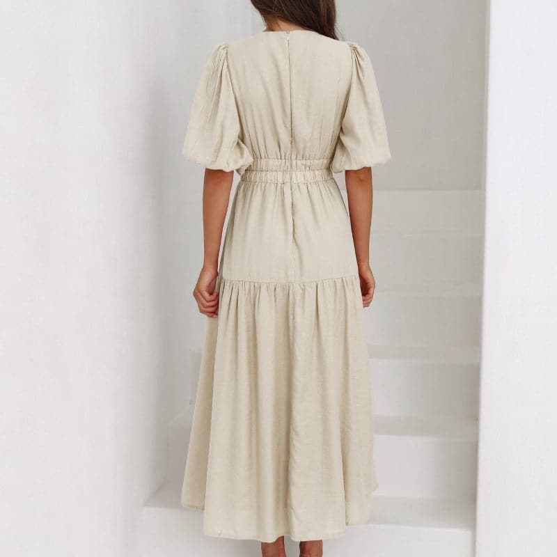 Dress for Women - Deep V-neck - Puff Sleeves - Midi Length - Elegant Flowy Fit