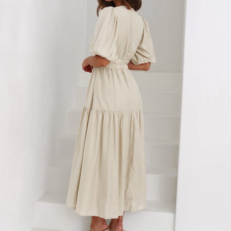 Dress for Women - Deep V-neck - Puff Sleeves - Midi Length - Elegant Flowy Fit