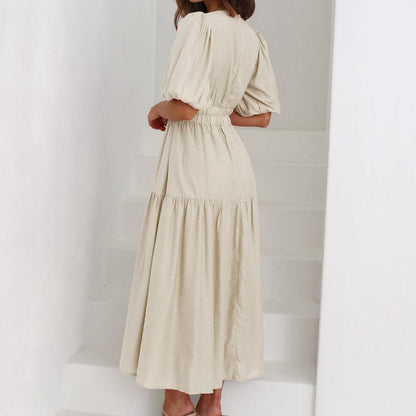 Dress for Women - Deep V-neck - Puff Sleeves - Midi Length - Elegant Flowy Fit