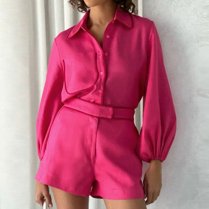 Women's Two-Piece Set – Long-Sleeve Collared Shirt – High-Waisted Shorts with Belt