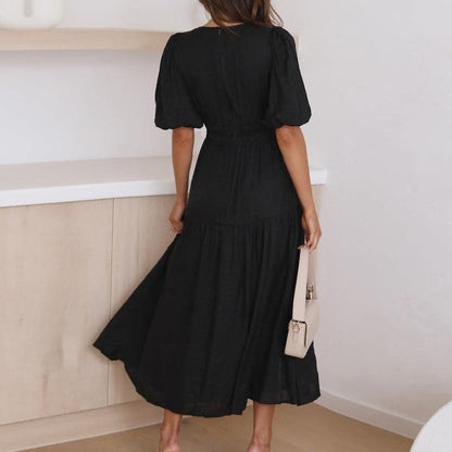 Dress for Women - Deep V-neck - Puff Sleeves - Midi Length - Elegant Flowy Fit