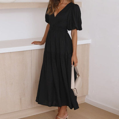 Dress for Women - Deep V-neck - Puff Sleeves - Midi Length - Elegant Flowy Fit