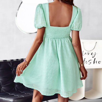 Dress for Women – A-line Fit – Square Neckline – Puff Sleeves – Textured Pattern