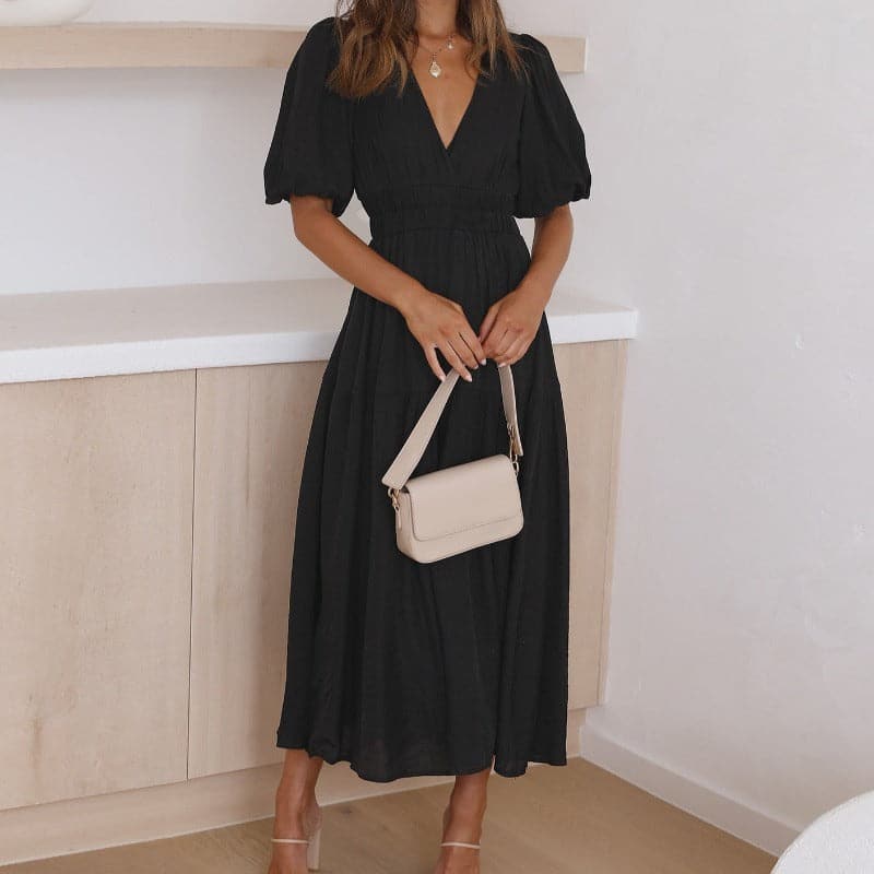Dress for Women - Deep V-neck - Puff Sleeves - Midi Length - Elegant Flowy Fit