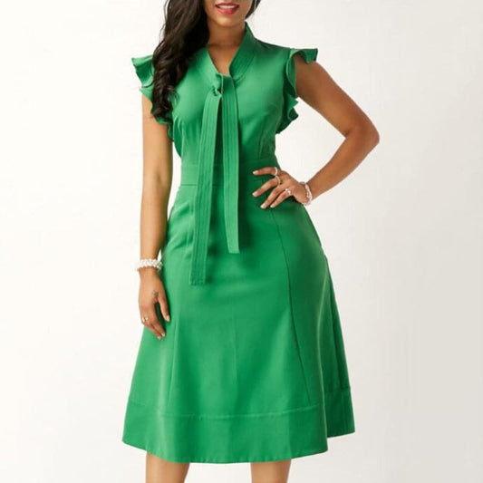 Dress for Women - A-line Shape - Knee-length - V-neck with Bow Detail - Elegant Ruffles