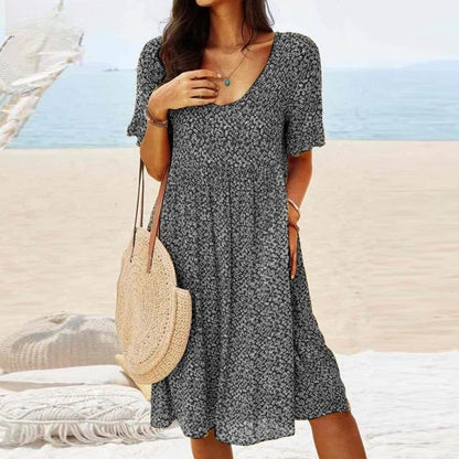 Women's Dress - Midi Length - A-line Fit - Deep V-neck - Short Summery Sleeves