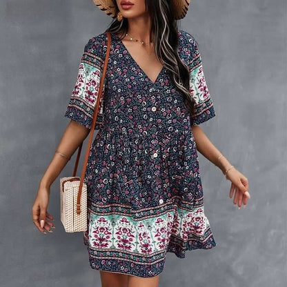 Damekjole – Bohemsk Stil – V-hals – Knelang – Halvlange Ermer – Knapper – Blomsterprint