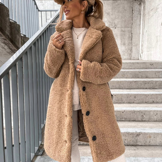 Women's Coat Full Length – Oversized Fit – Sherpa Texture – Button Closure