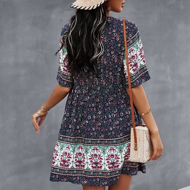 Damekjole – Bohemsk Stil – V-hals – Knelang – Halvlange Ermer – Knapper – Blomsterprint