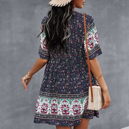 Damekjole – Bohemsk Stil – V-hals – Knelang – Halvlange Ermer – Knapper – Blomsterprint
