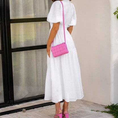 Dress for Women - Deep V-neck - Puff Sleeves - Midi Length - Elegant Flowy Fit
