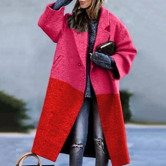 Women's Coat – Wool Blend – Oversized Fit – Simple Closure – Color Block Design