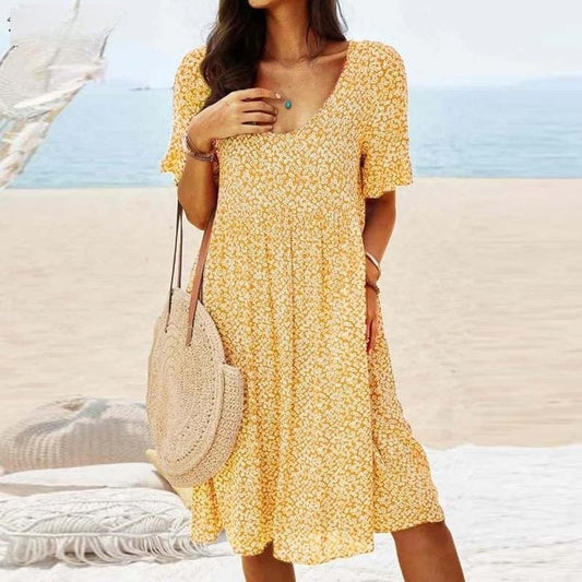 Women's Dress - Midi Length - A-line Fit - Deep V-neck - Short Summery Sleeves