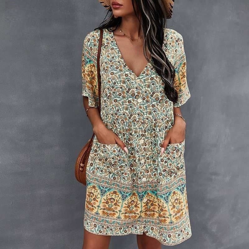 Damekjole – Bohemsk Stil – V-hals – Knelang – Halvlange Ermer – Knapper – Blomsterprint