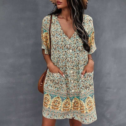 Damekjole – Bohemsk Stil – V-hals – Knelang – Halvlange Ermer – Knapper – Blomsterprint
