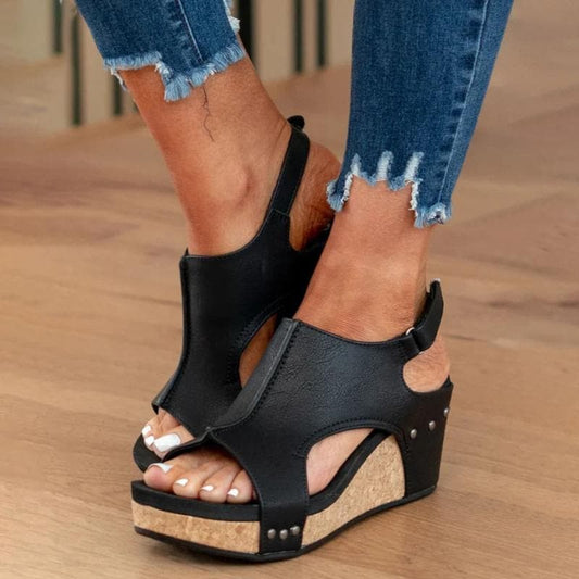 Women's Sandals - Cork Wedge Heel - Wide Strap with Cutout Detail - Open Toe