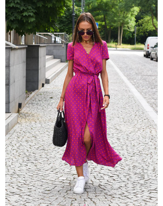 Dress woman midi – wrap model – breathable fabric – V-neck – tie belt