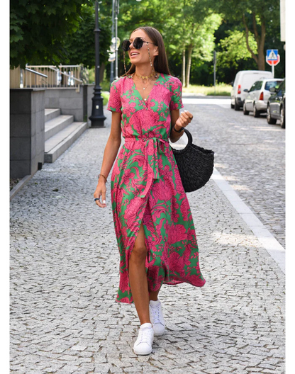 Dress woman midi – wrap model – breathable fabric – V-neck – tie belt