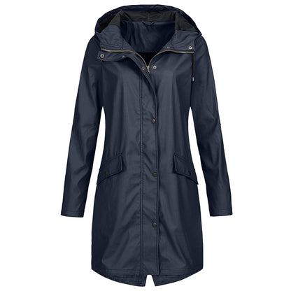 Women's Rain Jacket – Waterproof – Windproof – Long Fit – Hood – Snap Buttons