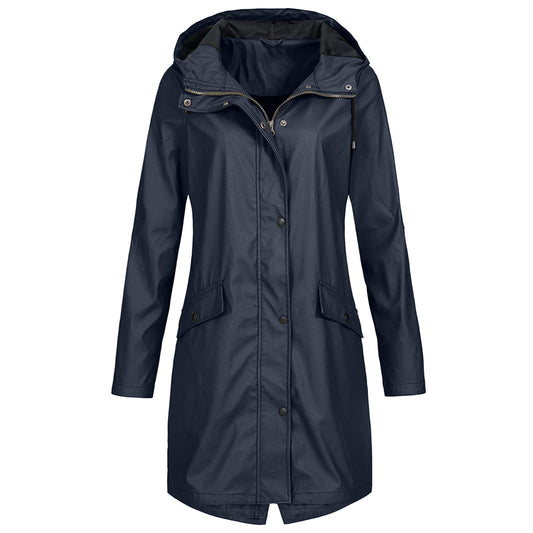 Women's Rain Jacket – Waterproof – Windproof – Long Fit – Hood – Snap Buttons