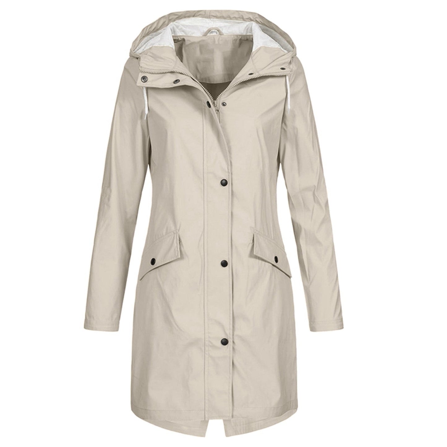 Women's Rain Jacket – Waterproof – Windproof – Long Fit – Hood – Snap Buttons