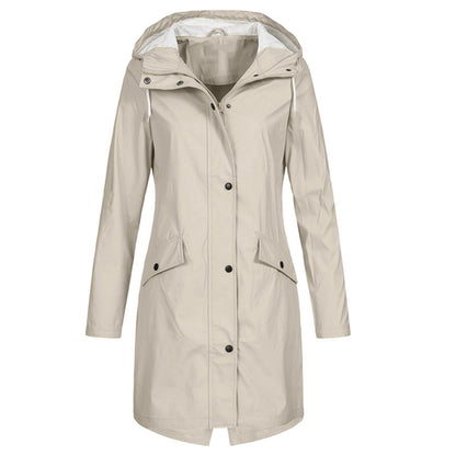 Women's Rain Jacket – Waterproof – Windproof – Long Fit – Hood – Snap Buttons