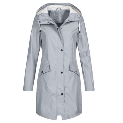 Women's Rain Jacket – Waterproof – Windproof – Long Fit – Hood – Snap Buttons