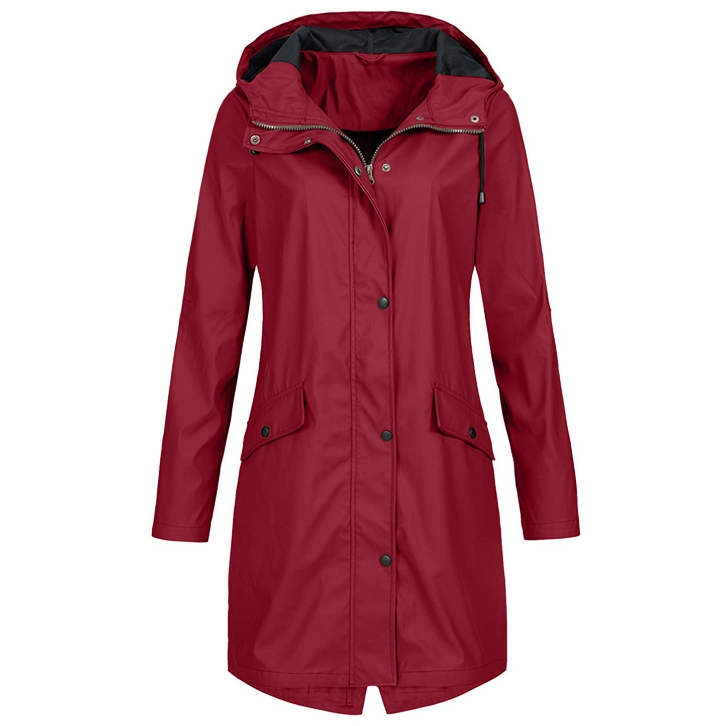 Women's Rain Jacket – Waterproof – Windproof – Long Fit – Hood – Snap Buttons