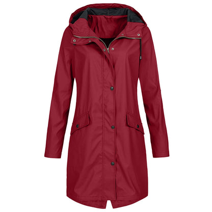 Women's Rain Jacket – Waterproof – Windproof – Long Fit – Hood – Snap Buttons