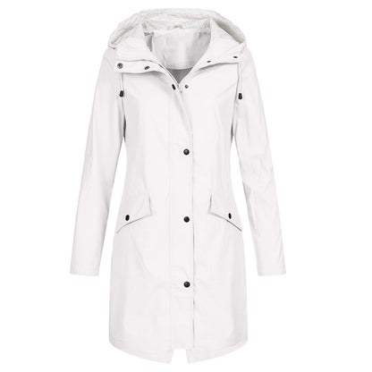 Women's Rain Jacket – Waterproof – Windproof – Long Fit – Hood – Snap Buttons
