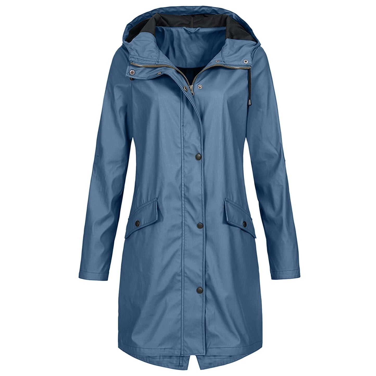 Women's Rain Jacket – Waterproof – Windproof – Long Fit – Hood – Snap Buttons