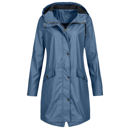 Women's Rain Jacket – Waterproof – Windproof – Long Fit – Hood – Snap Buttons
