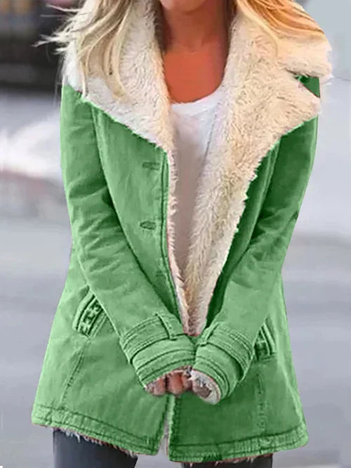 Women's Coat – Tailored Fit – Faux Fur Lined – Large Lapels – Button Closure