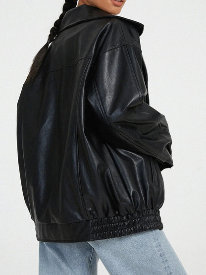 Women's Bomber Jacket – Oversized Fit – Leather-like Finish – Elastic Edges