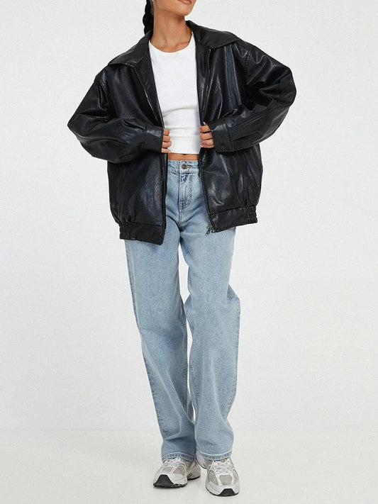 Women's Bomber Jacket – Oversized Fit – Leather-like Finish – Elastic Edges