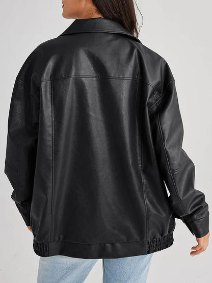 Women's Bomber Jacket – Oversized Fit – Leather-like Finish – Elastic Edges
