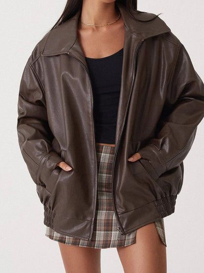 Women's Bomber Jacket – Oversized Fit – Leather-like Finish – Elastic Edges