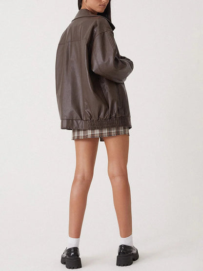Women's Bomber Jacket – Oversized Fit – Leather-like Finish – Elastic Edges