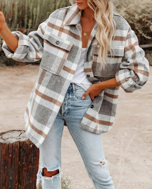 Women's Shirt Jacket - Oversized Checkered - Long with Chest Pockets and Button Closure